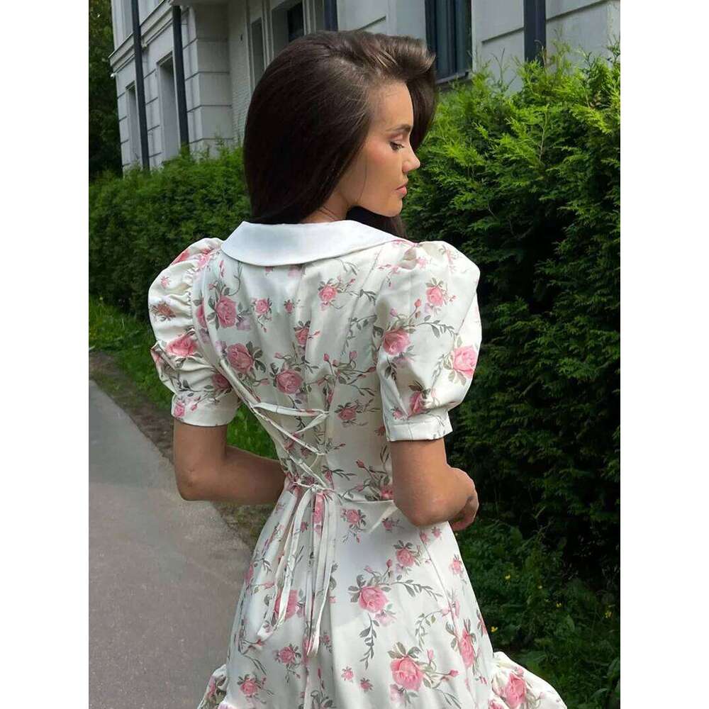 French Sweet Floral Print Puff Sleeve Ruffled Dresses Women's 2025 Elegant Corsets Pearl Buttons Sundress Chic Sweetheart Outfit