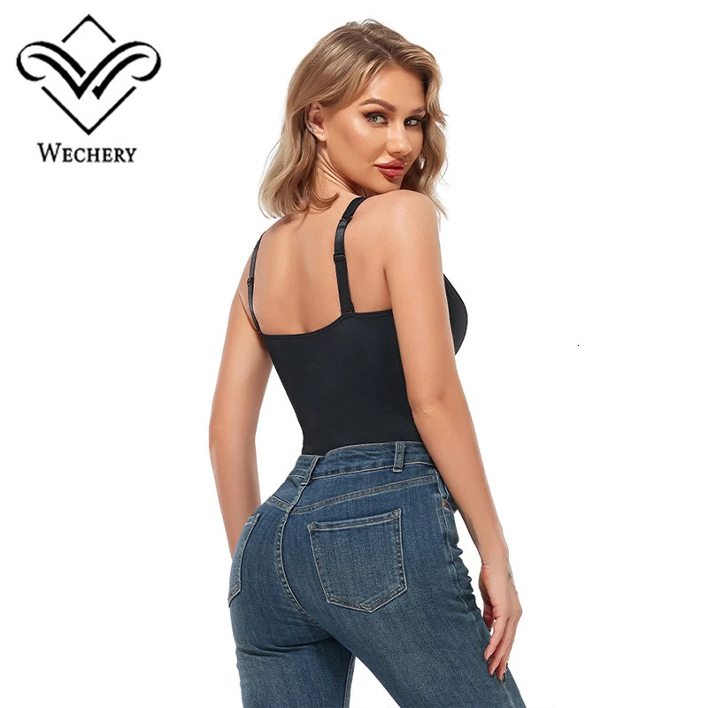 Wechery Women Chic Shapewear Bodysuit Sexy VNeck Bodysuits With Removable Cup Body Shaper Skinny Black Slimming Underwear Bods 250610
