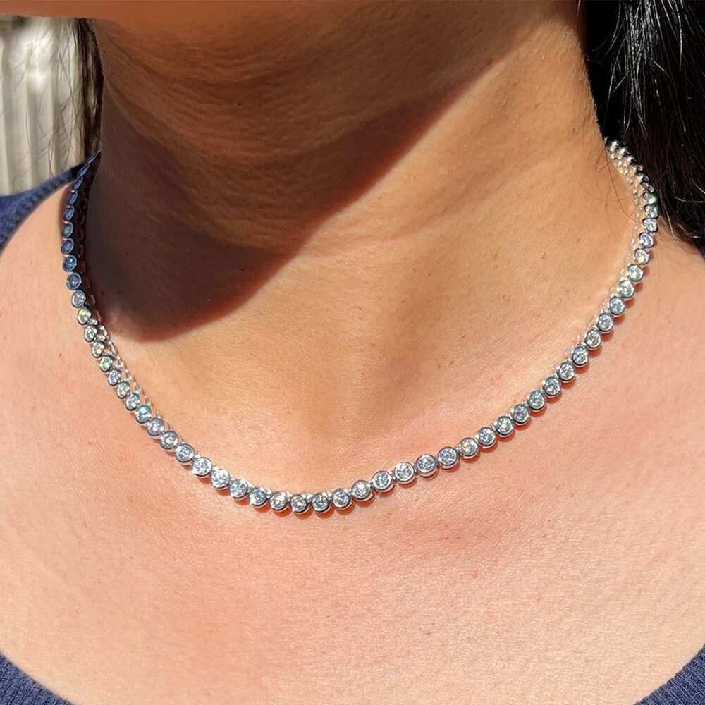 Bezel Set Moissanite Tennis Necklace For Women 2mm 3mm Round Diamond S925 Silver 18K Gold Plated Bubble Chain Jewelry with GRA