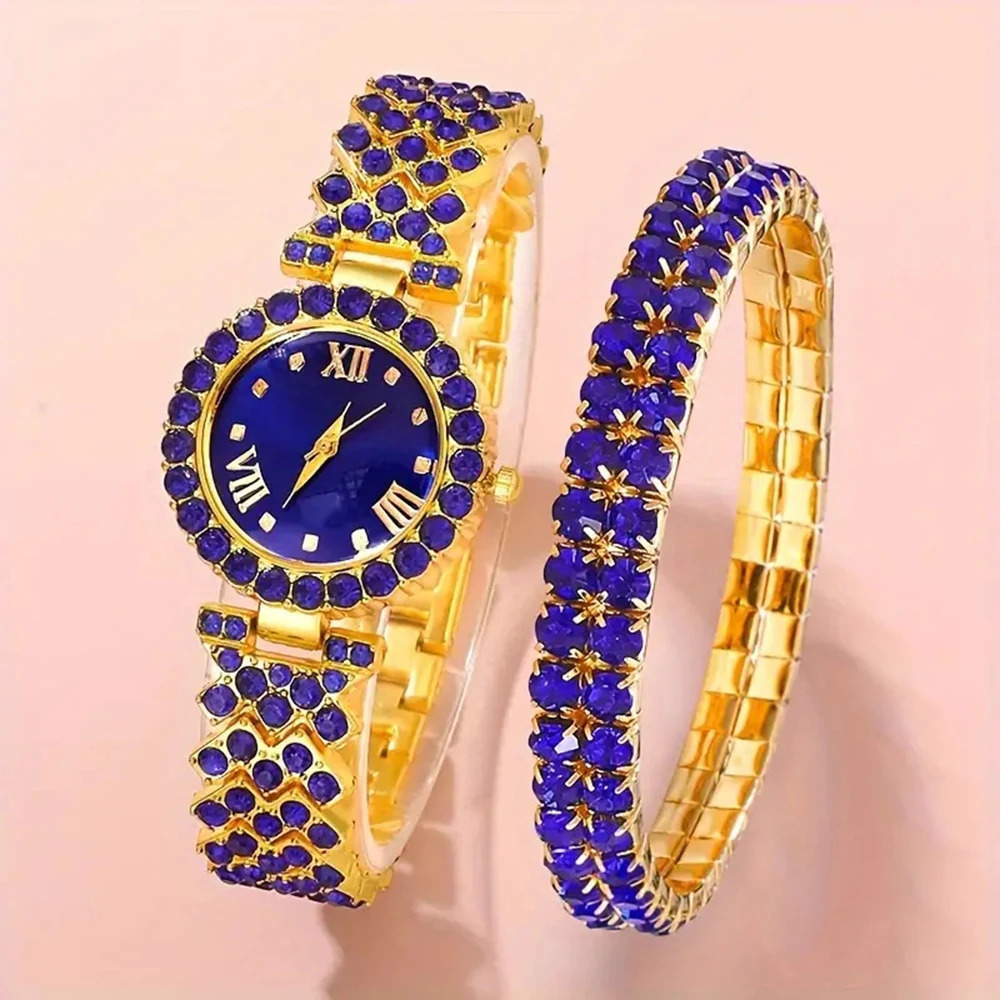 2PCS/Set Of Blue Womens Watches With Minimalist Elements Quartz Watches Blue Alloy Watch Straps Jewelry Sets Gifts For Girls 250606