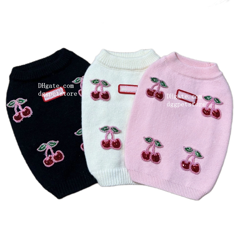 Designer Dog Clothes Brand Dog Apparel Fashion Cherry Pattern Dog Sweater Pullover Soft Knitted Warm Coats Cold Weather Winter Dog Jacket for Small Dog Girl Pink S 844