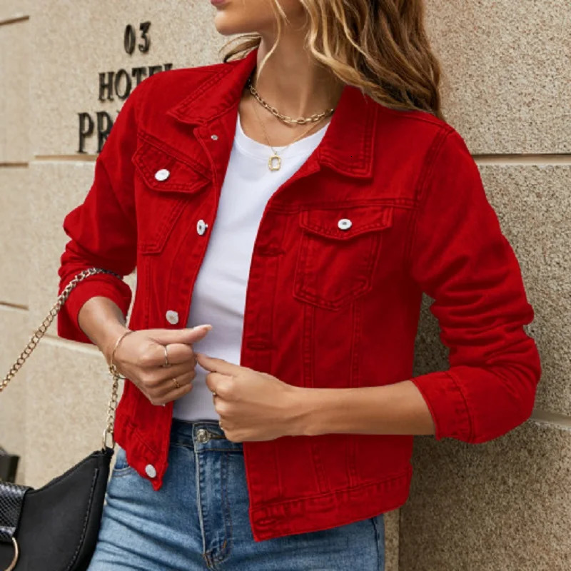Women Autumn Denim Short Jackets Single Breasted Long Sleeve Turn-down Collar Jeans Coats 250609