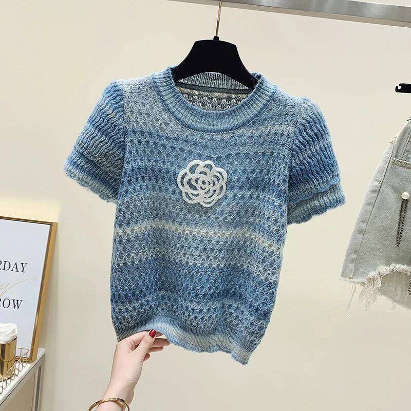 Korean Fashion Knitwears Women O-Neck Short Sleeve Casual Summer 2024 Y2k Chic Clothing Sweater Pullovers Tops Pull Femme Tees