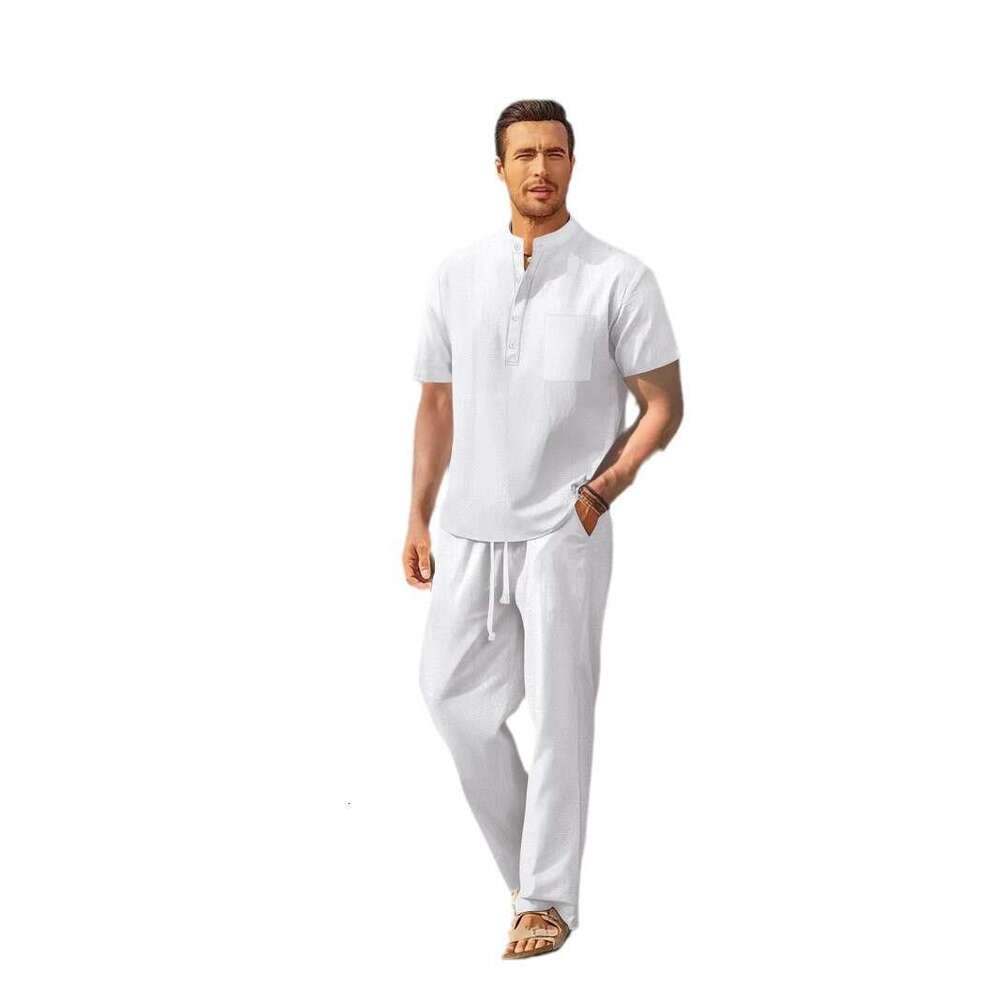 Spring/Summer New Men's Loose Casual Cotton Linen Short Sleeve Long Pants Set B5