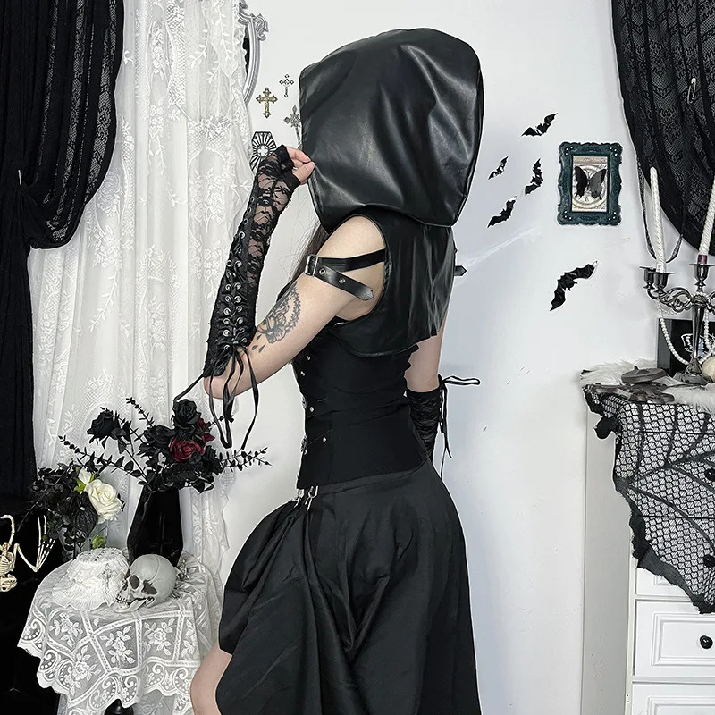 Goth Dark Punk Style Sleeveless Zip Hooded Crop Tops Women Cyber Y2K Faux Pu Leather Hoodies Smock Mall Gothic Streetwear 250610