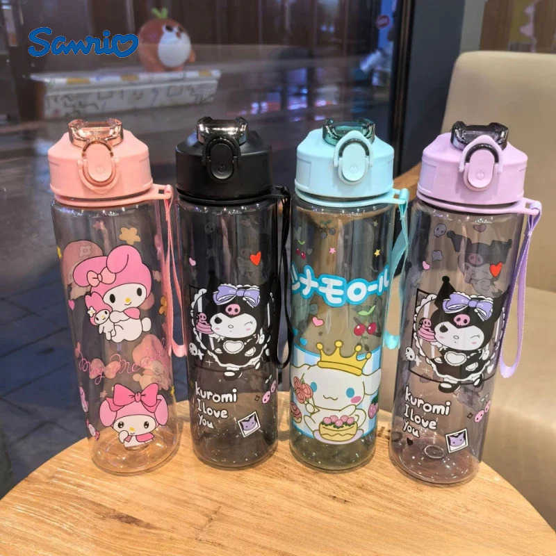 Sanrio 800ML Childrens Cartoon Kuromi Transparent Pop-up Spout Water Cup Hand-held Strap Anti-fall Kettle Portable Outdoor Space CupXJ25