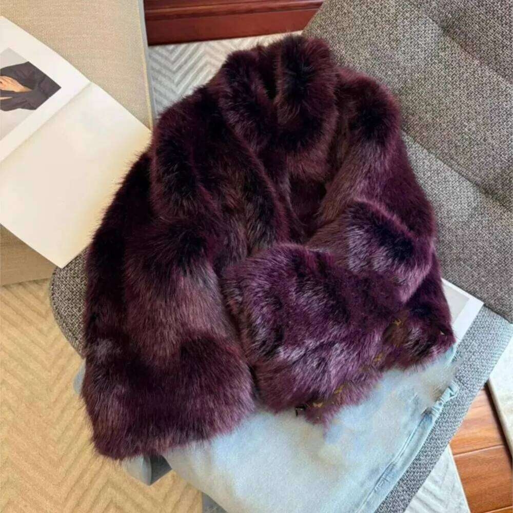 Winter Dark Purple Turn down Collar Lapel Hairy Shaggy Faux Coat Women Full Sleeve Furry Fur Warm Jacket Short Outerwear