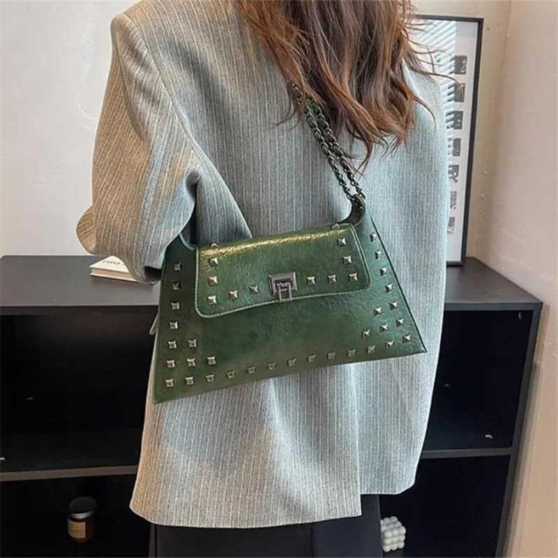 Chic Vintage Rivet Crossbody Bag - Waterproof Faux Leather Adjustable Strap Solid Color with Kiss Lock Closure XJ250610
