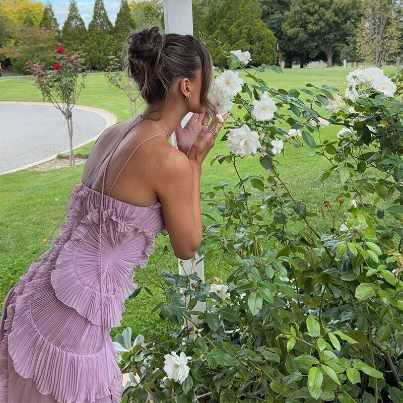 Chic Pleated Halter Neck Long Vacation Dress High Quality Purple Strapless Lotus Edge Maxi Dress 2025 Nw Lady Vacation Gowns