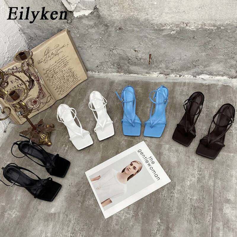 Eilyken New Fashion Pinch Narrow Band Women Sandals 2025 Summer Square Open Toe Ankle Buckle Strap High Heels Ladies Shoes