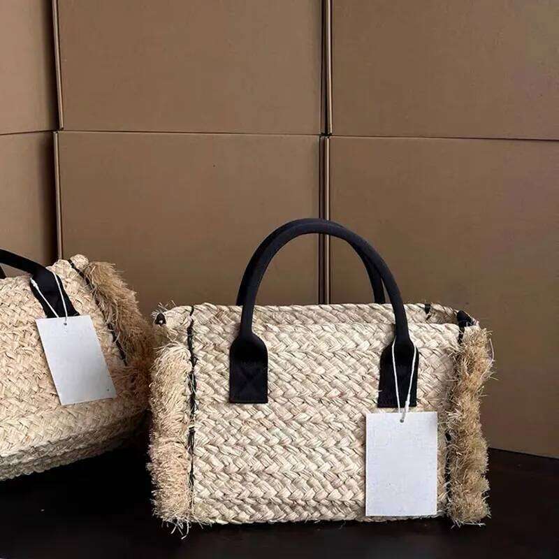 Fashion Handmade Raffia Grass For Women's Summer Vacation Rough Edges Tote Bag Lady Handbag Designer Clothes Women