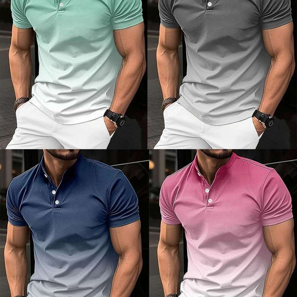 Spring Summer New Fashion Men's Stand Collar Gradient Casual Short Sleeve Golf Henley Shirt B5