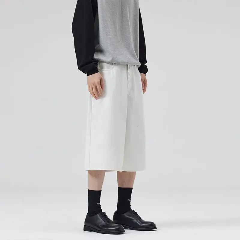 100% Cotton White Jeans Summer Mens Shorts Baggy Wideleg Casual Calflength Denim Pants Oversized Loose Fashion Streetwear 250610