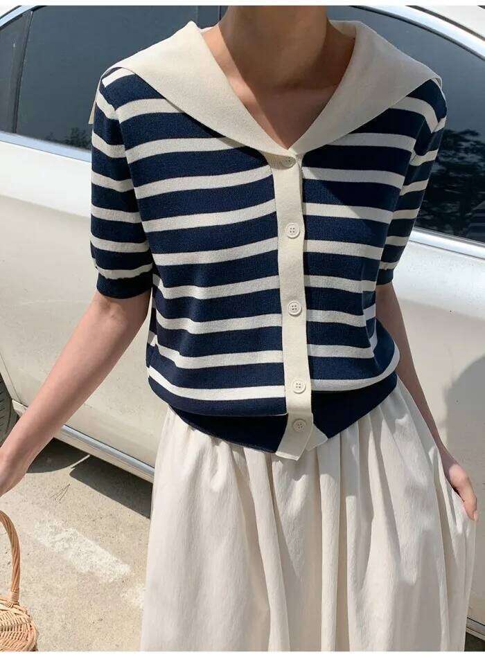Korean Ice Silk Striped Knitted Sweater Tops Women 2023 Summer Short Sleeve Sailor Collar Knitwear Fashion Workwear Ladies Jumpe
