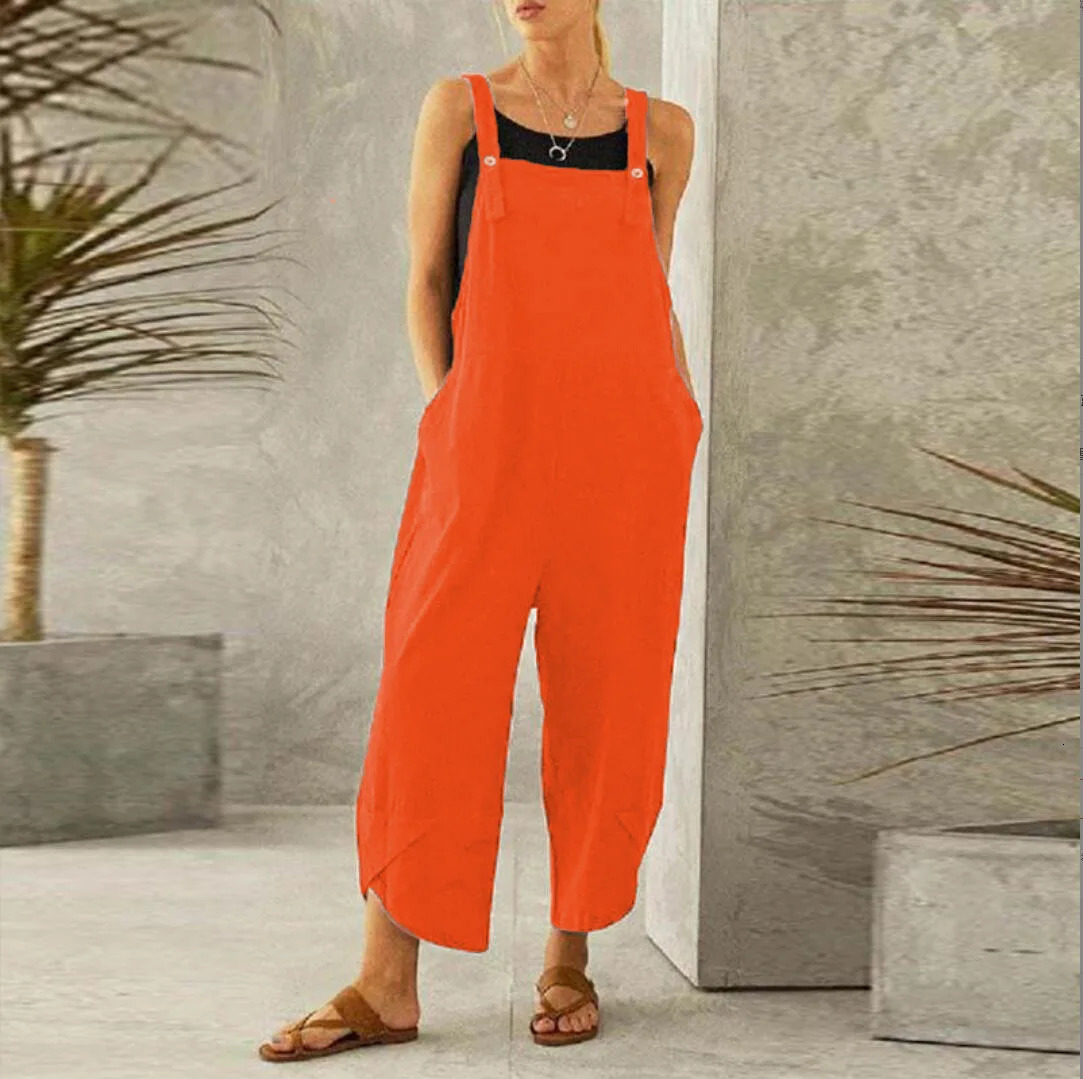 Womens nine point suspender pants jumpsuit European and American womens solid color casual 250609