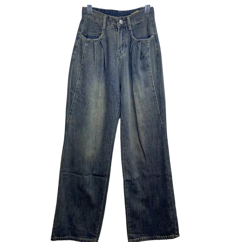 Factory customized wholesale vintage fashion high waist pleated wide leg jeans 24-0810