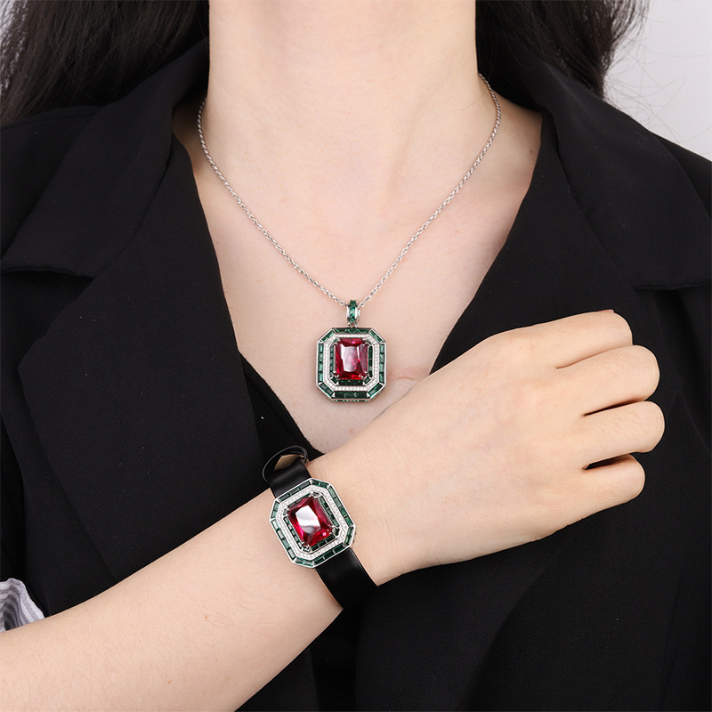 New S925 Silver Faux Ruby Square Pendant Necklace, Luxury Design, Stylish Women's Jewelry, Perfect Gift Choice