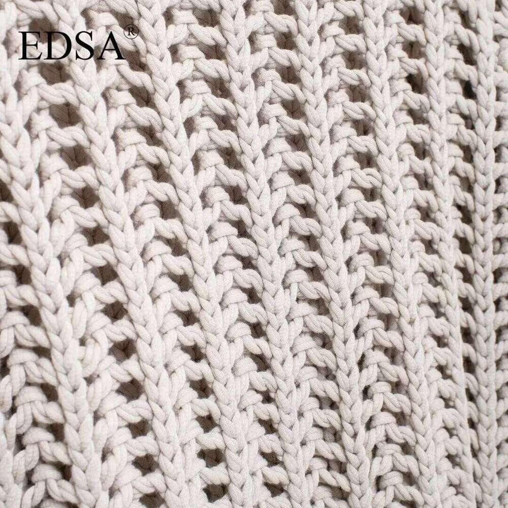 EDSA Women Chunky Knit Top with Side Straps O-Neck Short Sleeves Hollow Out Cropped Sweater Pullover for Casual Female