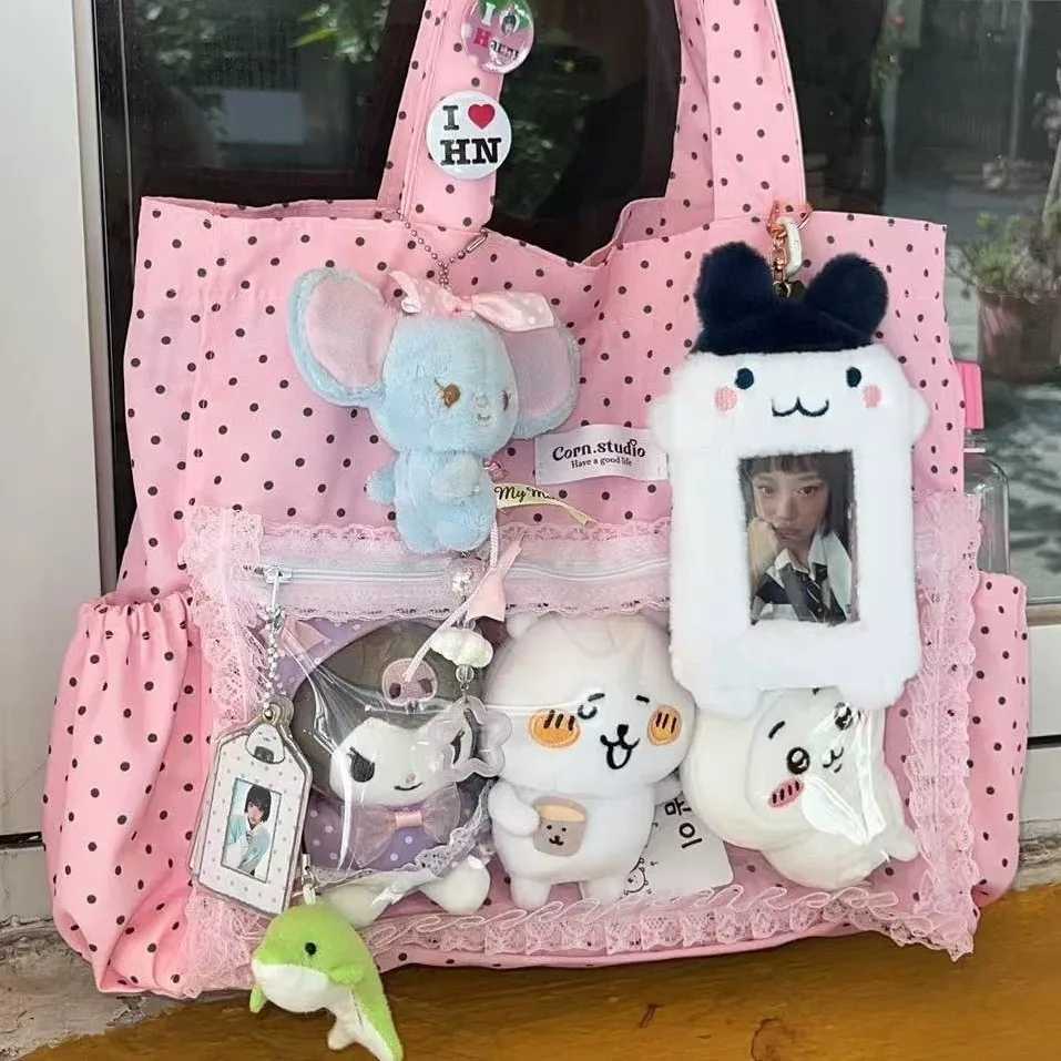 New Cute Hand Ulzzang Y2k Ita Bag for Girls Large Capacity Fashionable Polka Dot Canvas Shoulder Bag Casual Commuting Tote Bag XJ250610