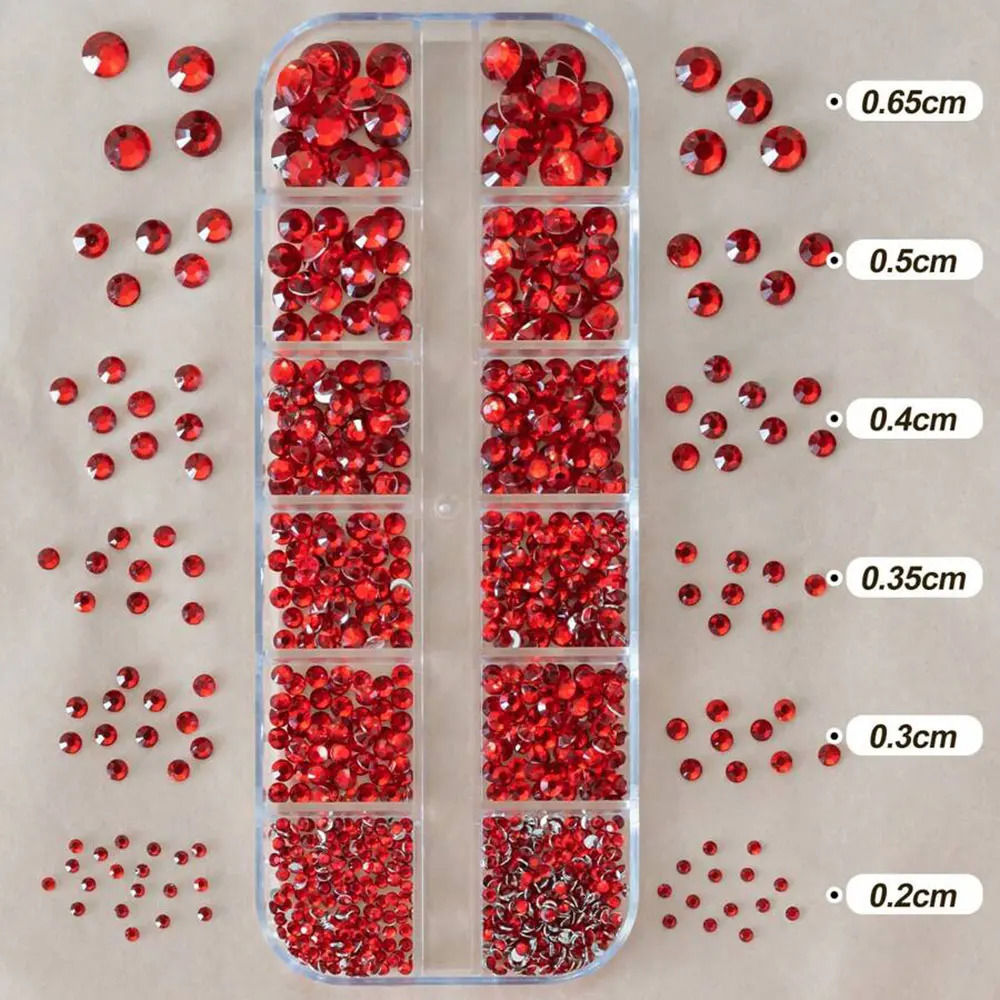 12grids Red Nail Gems s 2345mm FlatBack Crystal Diamond SS610162030 Mixed Glass Charms 250606