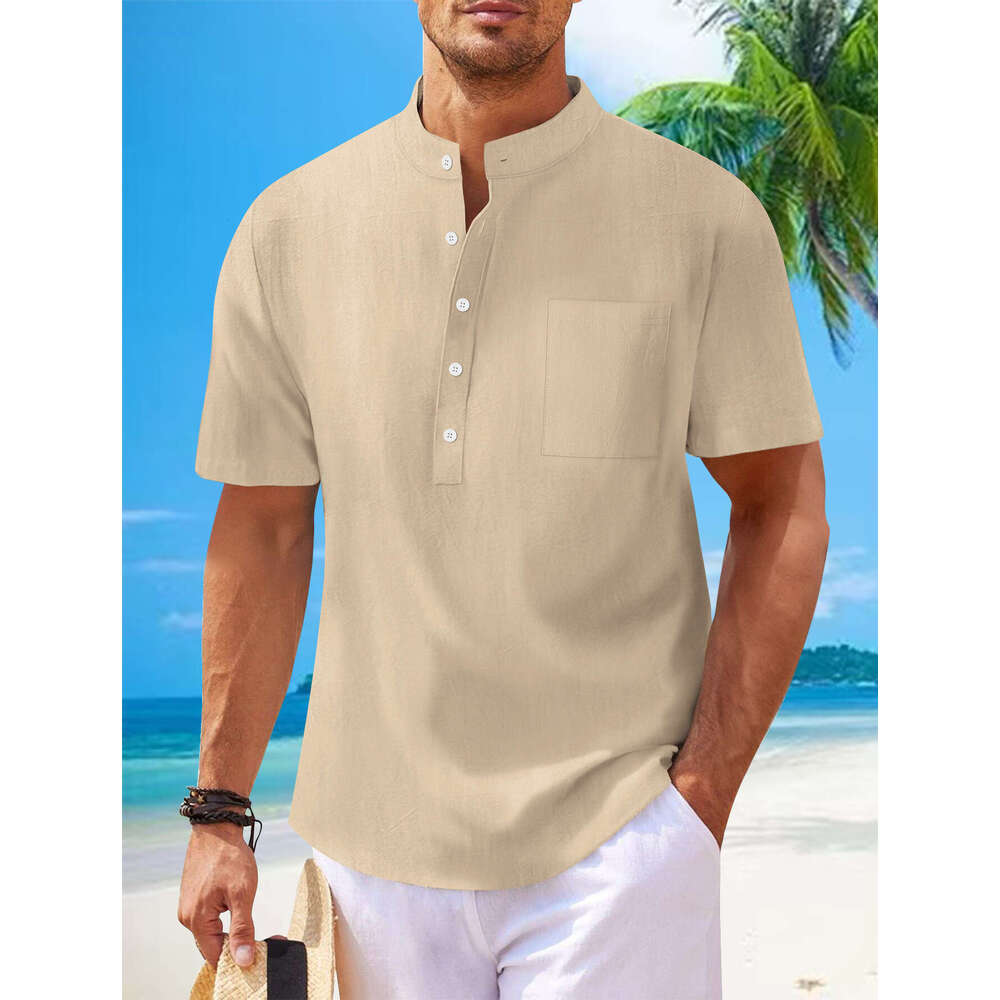 Spring Summer Men's Cotton Linen Stand Collar Short Sleeve Loose Casual Henley Shirt Men B5