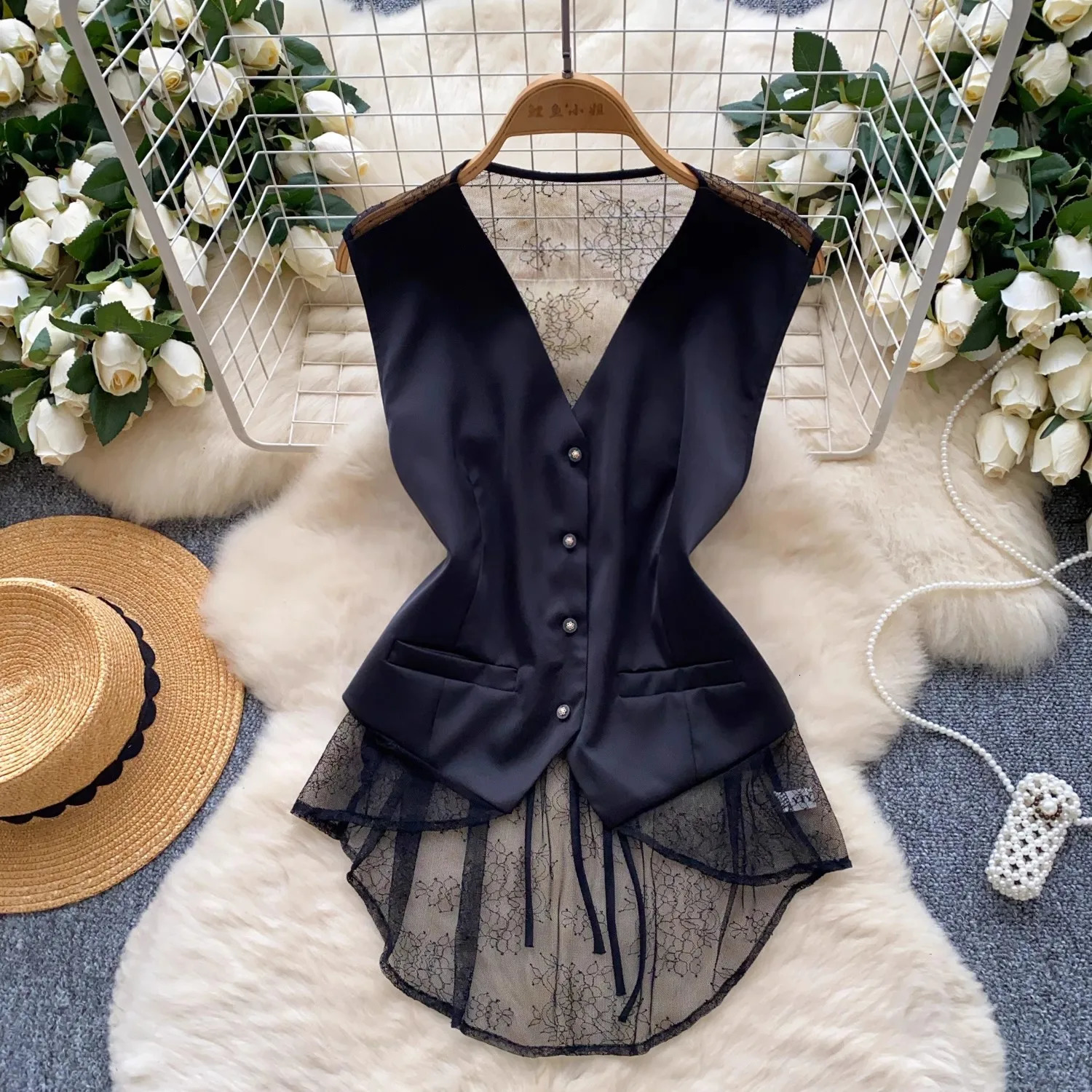 Summer Ladies Perspective Lace Patchwork Suit Vest Womens Sexy VNeck Sleeveless Tank Irregular Blazer Black White Camisole 250610