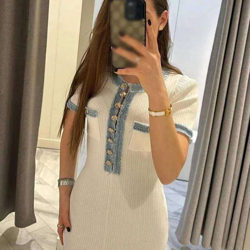 French Elegant White Maxi For Women 2025 New Pleated Patchwork Knitted Mini Dress Socialite Chic Graceful Outfit