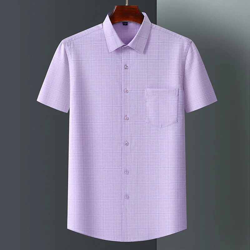 Mens Bamboo Fiber Short Sleeve Shirt Classic Solid Color Printing Plaid Business Formal Social Top Fashionable Office Wear 4XL 250611