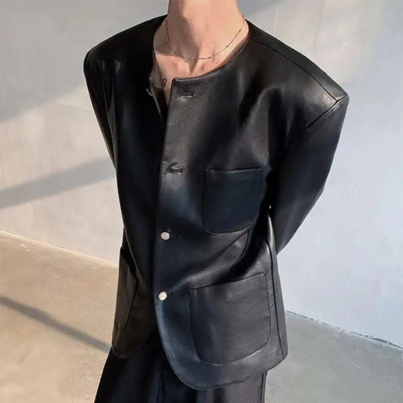 IEFB Spring Trendy Mens Pearl Button Slim Fit PU Leather Jacket Round Collar Korean Style Men Single Breasted Jackets 9W968 250611