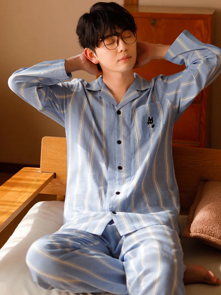 Pure Cotton Gauze pajama Set Fashion Simple Couple Sleepwear Highend Striped Comfortable Breathable Men Home clothes 250610