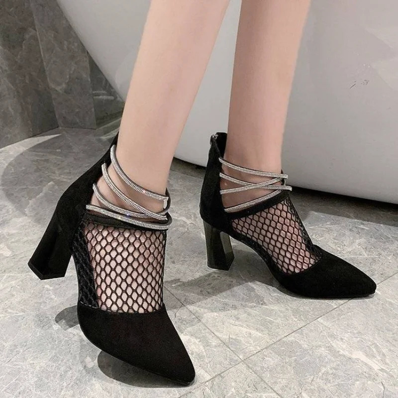 Rhinestones Black Mesh Hollow High Heels Pointed Toe Sandals for Women Casual Sales Chic and Elegant Low Price Korean Womens Shoes 250609