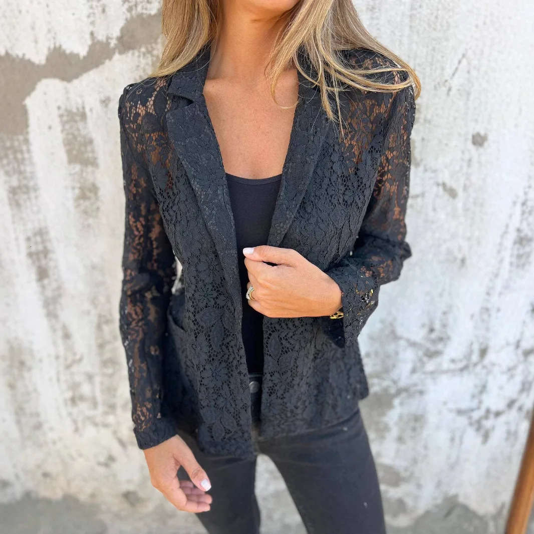 Summer Womens Jacket Fashion Casual Dress Solid Color Lace Blazer White Black Available 250610