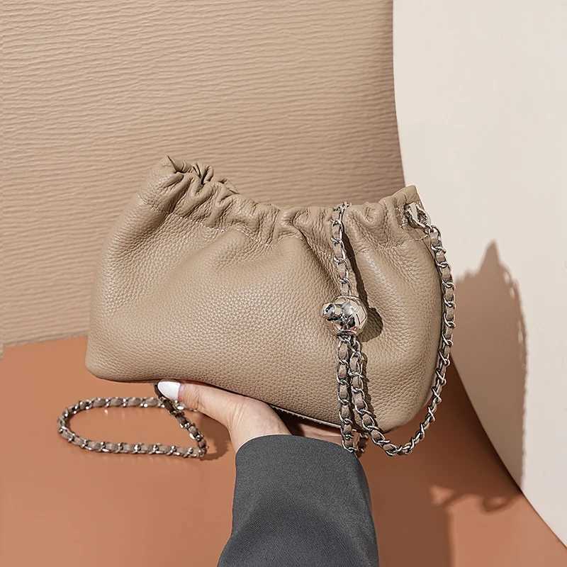 Women Real Cowhide Chain Shoulder Bag Versatile Crossbody Tote Bag Casual Pleated Hobo Bag Satchel Sling Bag Girl Stylish PurseXJ250610