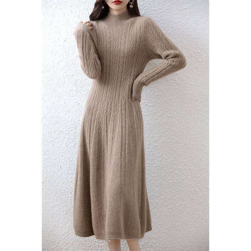 Elegant Fashion Dresses Cashmere Sweater Knitted Long Dress 100% Merino Wool Women Turtleneck Office Skirt Autumn Winter Clothes