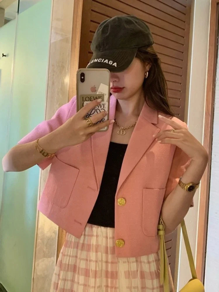 Korean Fashion Office Work Blazer for Women Elegance Casual Simple Suit Jackets Solid Color Summer Shorts Sleeve Womens Blazers 250610