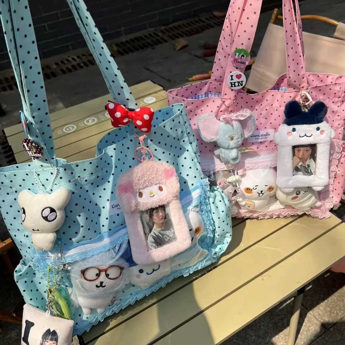 New Cute Hand Ulzzang Y2k Ita Bag for Girls Large Capacity Fashionable Polka Dot Canvas Shoulder Bag Casual Commuting Tote Bag XJ250610
