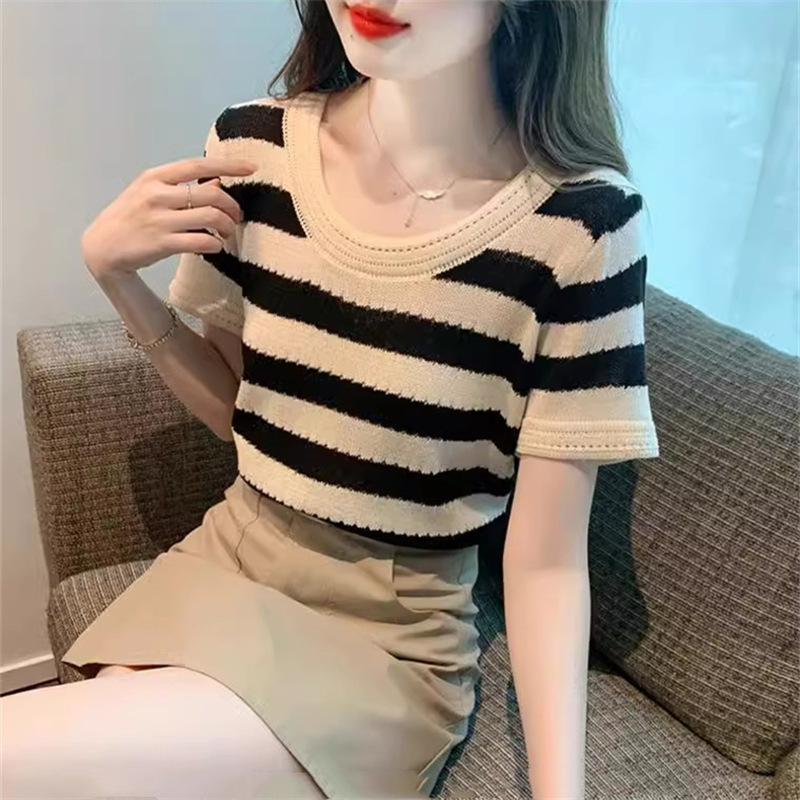 KC145 Retro striped shoulder t-shirt women's short-sleeved design niche hollow ice silk knit sweater top clothes