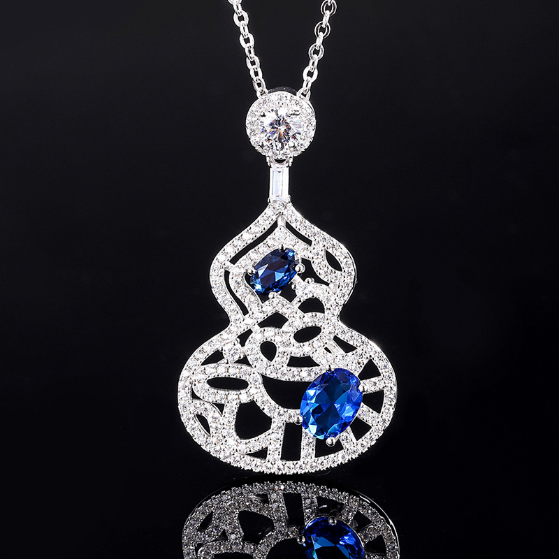 S925 Silver Faux Colored Gemstone Full Diamond Gourd Hollow Pendant Necklace, 6x8mm Main Stone, Exquisite Fashion Luxury Design, Perfect for Any Occas
