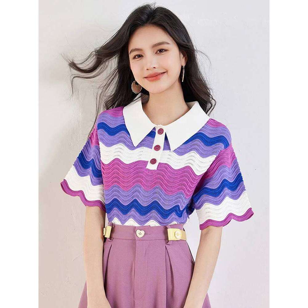 Women's Retro Contrasting Color Turn-down Collar T-shirt Summer 2024 New Casual Pullover Fashion Lazy Style Tops