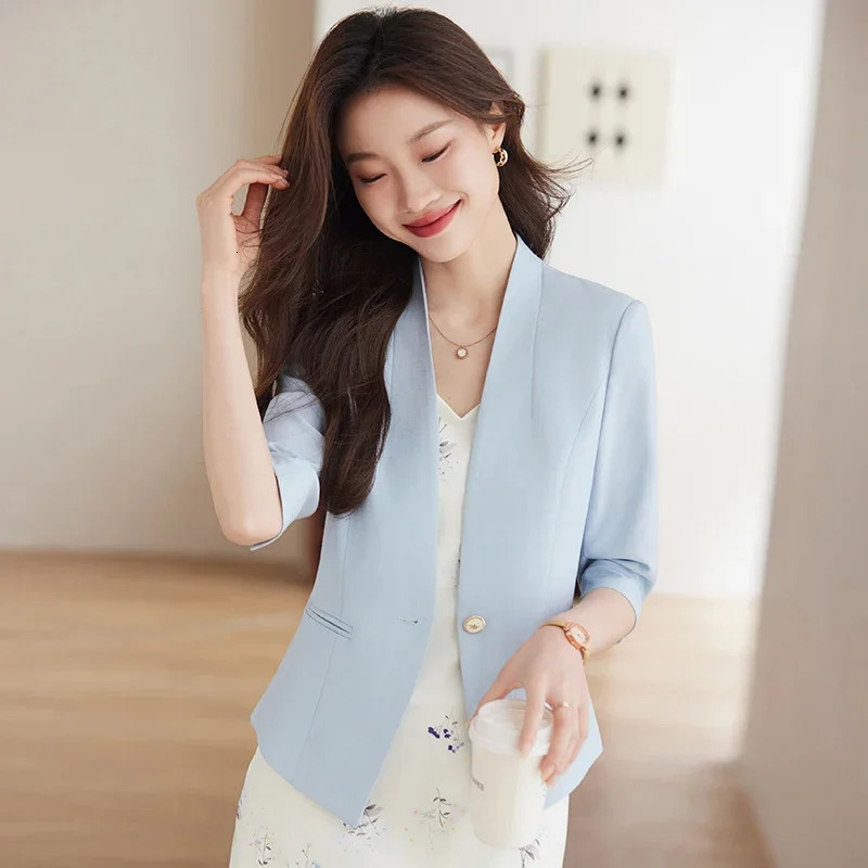 Fashion Summer Women Blazer Half Sleeve Jackets Outerwear Office Ladies Business Work OL Light Blue 250610