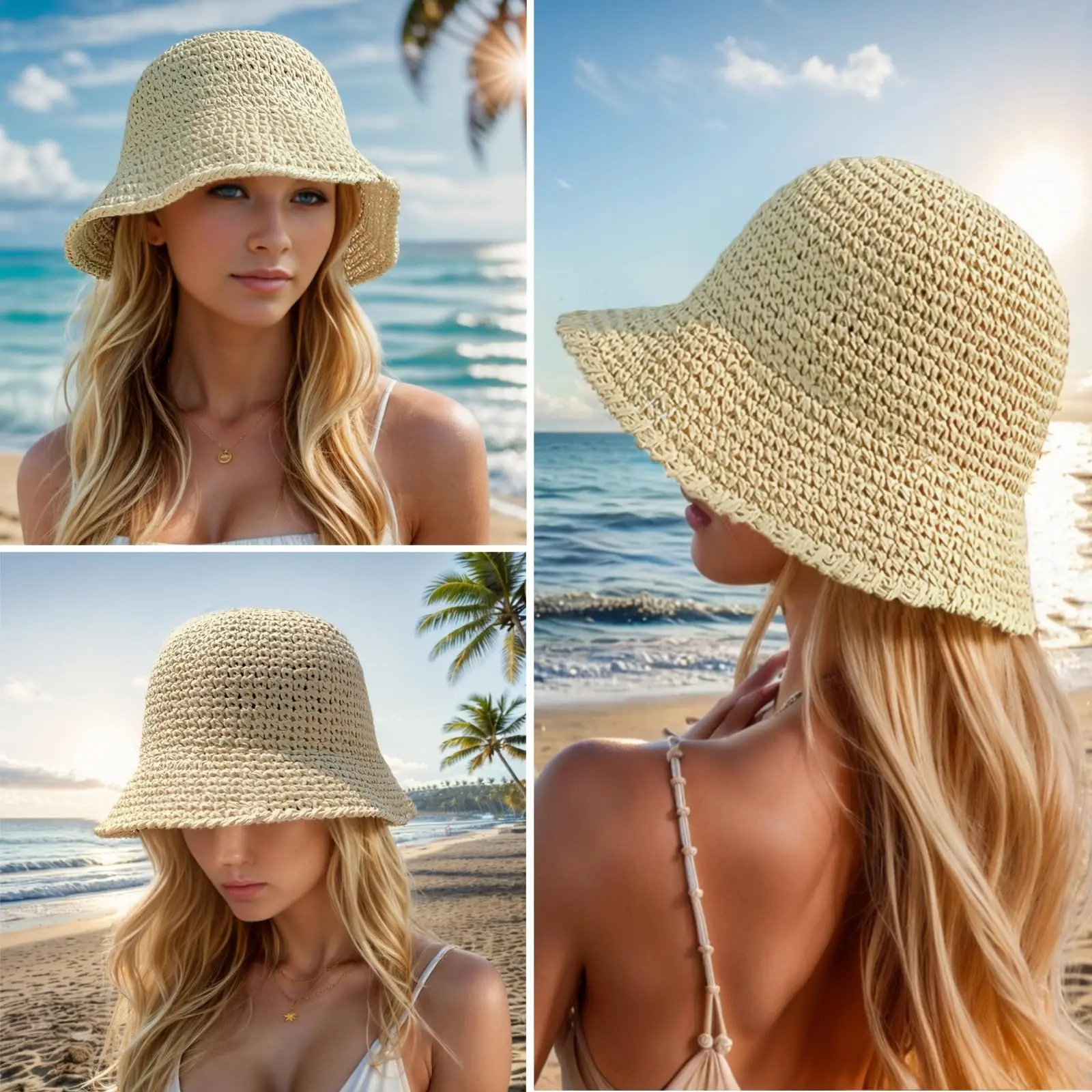Summer UV-Protect Crochet Straw Bucket Hat for Women Beach Fashionable Breathable Outdoor Sunshade Cap Foldable Visors 250610