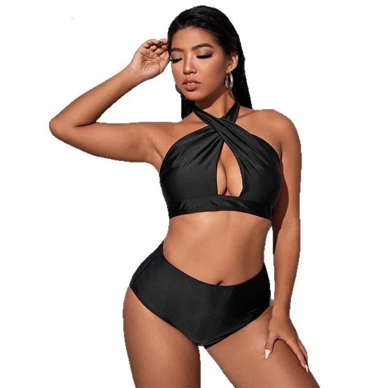 Hollow Out Solid Color Plus Size Split Swimsuit Womens High Waisted Bikini Collection Beach Style Y2k 250530