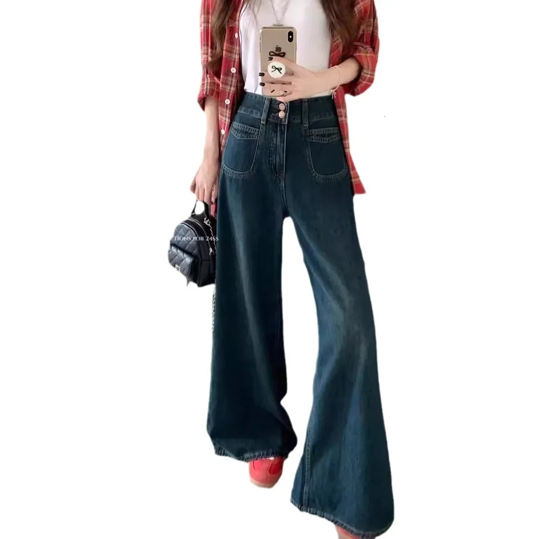 Plus Size Deep Blue High Waist Denim Jeans Trendy Spring Autumn Loose Slimming FloorLength Straight Casual Pants for Women 250609