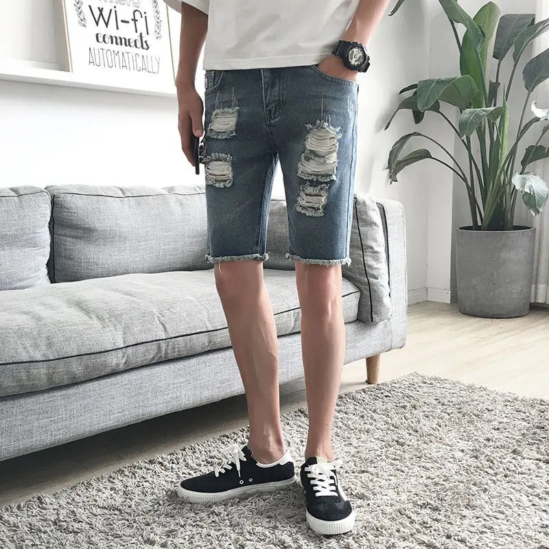 Ripped Denim Shorts Mens Five-point Summer Pants Korean Version 5-point Beggar Thin Mens Medium Pants 250611