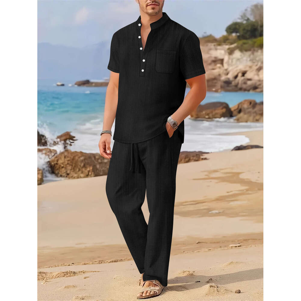 Spring/Summer New Men's Loose Casual Imitation Linen Short Sleeve Long Pants Set B5