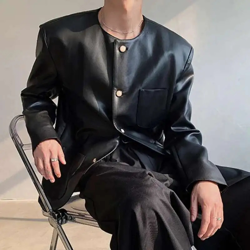 IEFB Spring Trendy Mens Pearl Button Slim Fit PU Leather Jacket Round Collar Korean Style Men Single Breasted Jackets 9W968 250611