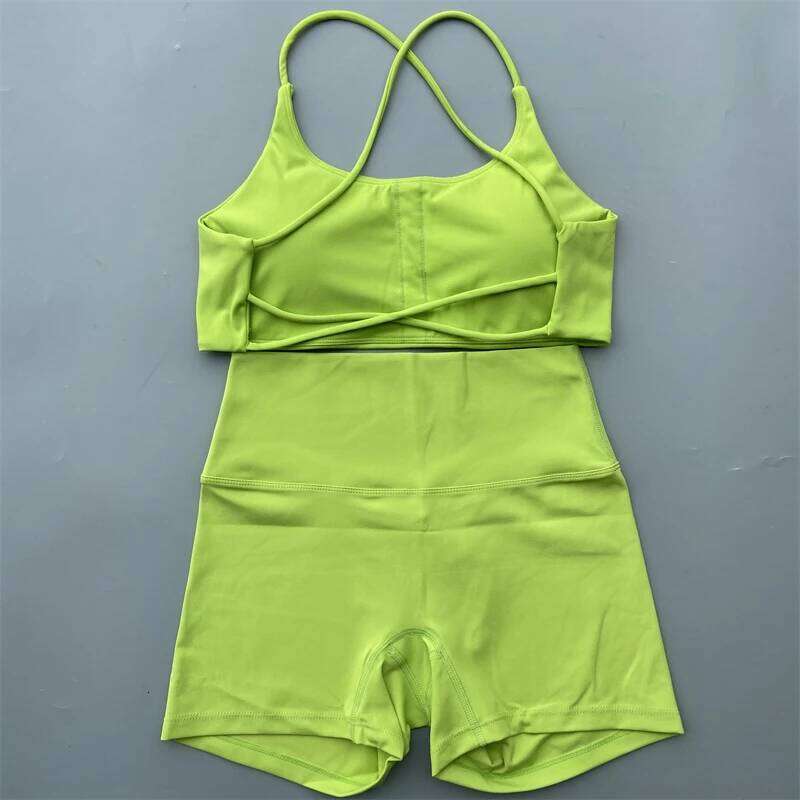 Yoga Gym Two Piece Sports Set Women Workout Outfit Fiess Suit Cross Straps Bra High Waist Shorts Running Tracksuit