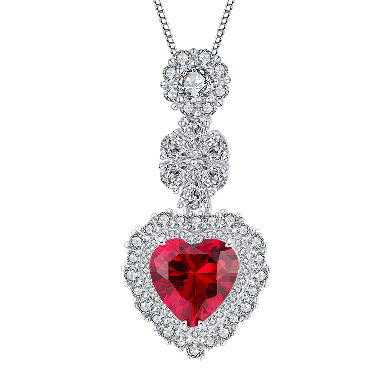 New S925 Silver Faux Colored Gemstone Heart Pendant Necklace, 10x10mm Main Stone, Stylish High-End Women's Jewelry, Perfect Gift Choice
