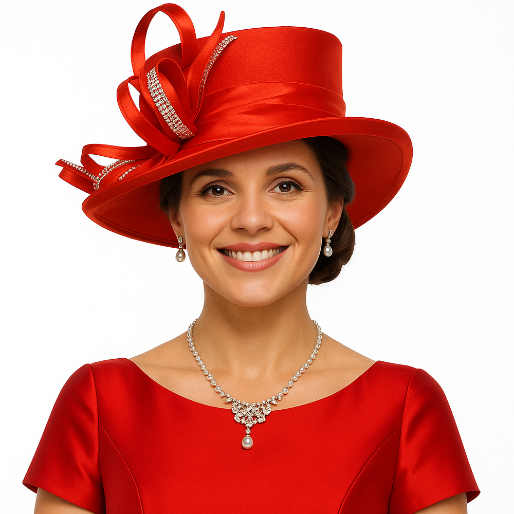 Elegant Royal Blue Church Hat for Women Wide Brim Formal Derby Tea Party Hat with Ribbon and Rhinestone Decoration