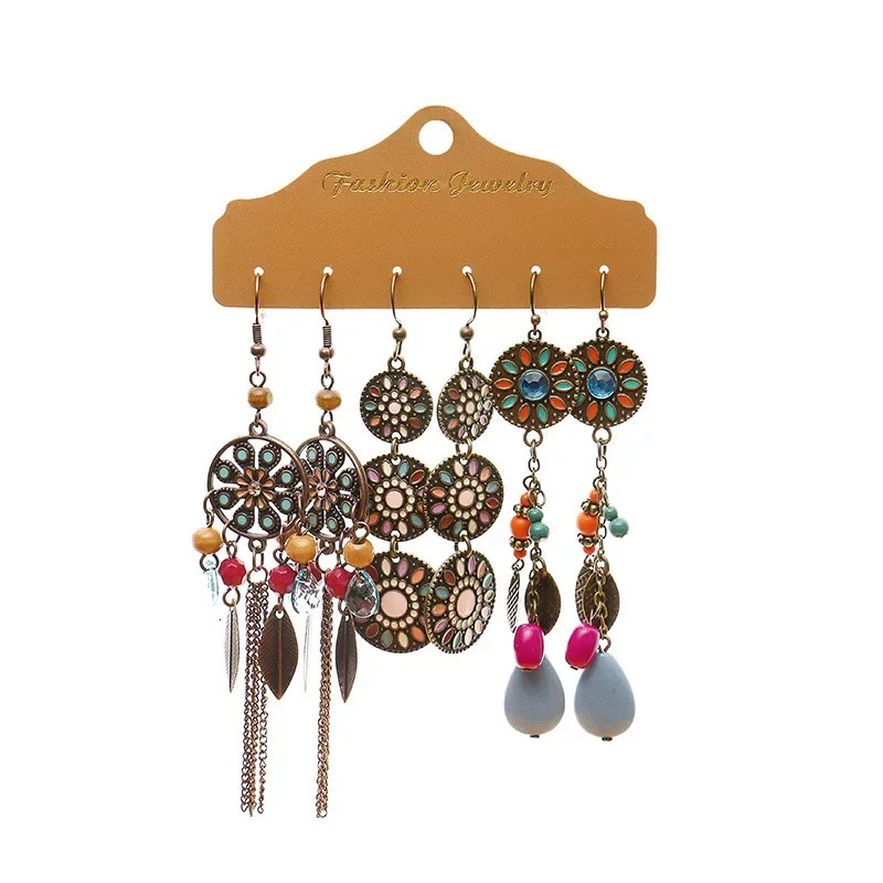 Boho Geometry Multicolor Round Beads Flower Drop Earrings Set for Women Vintage Ethnic Fanshaped Tassel Long Earrings Jewelry 250610